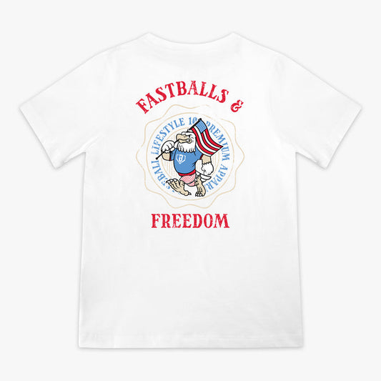 Youth graphic tee with “Fastballs & Freedom” design — back view