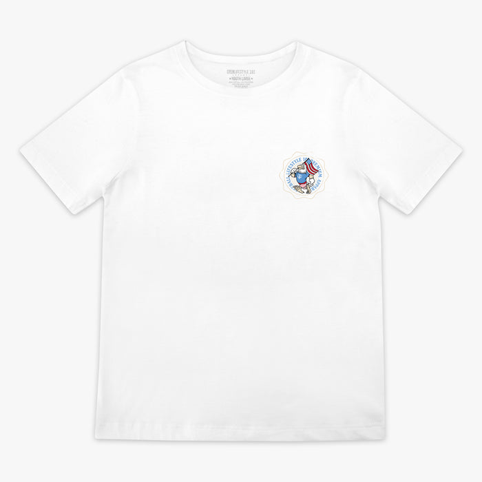 Youth graphic tee with “Fastballs & Freedom” design — front view