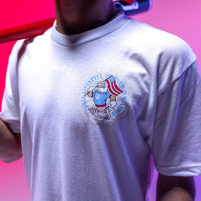 Youth model wearing youth graphic tee with “Fastballs & Freedom” design