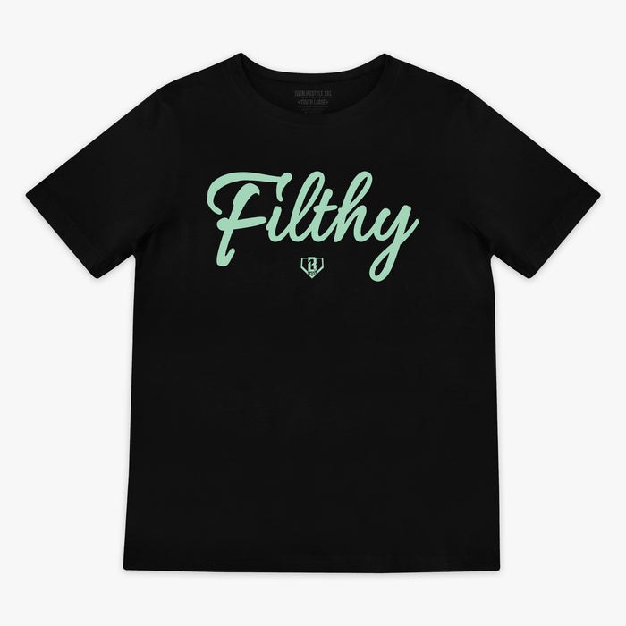 Black and mint Filthy youth graphic tee — front view