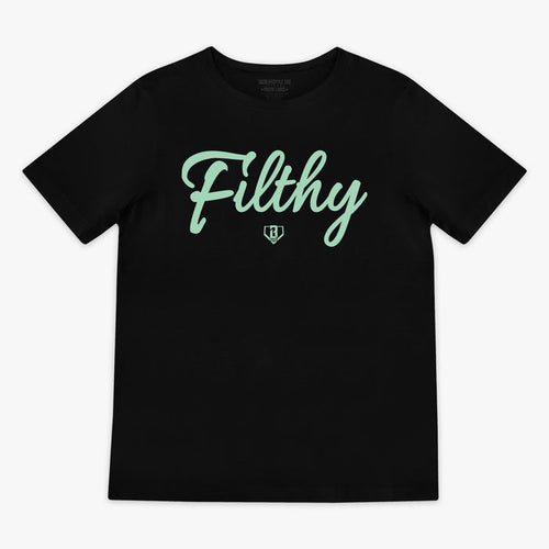 Black and mint Filthy youth graphic tee — front view