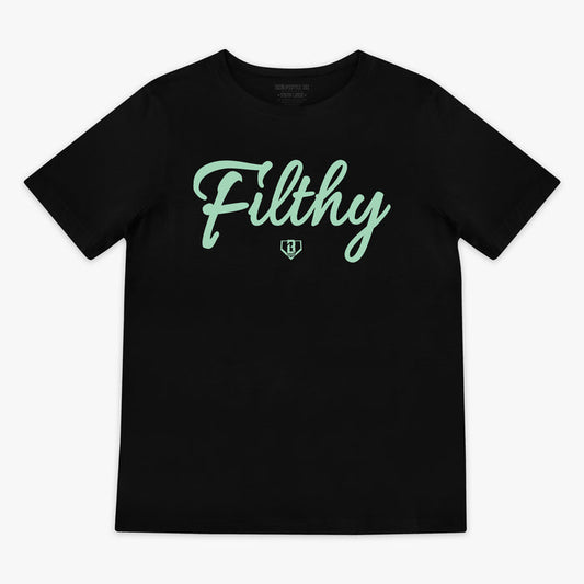 Black and mint Filthy youth graphic tee — front view
