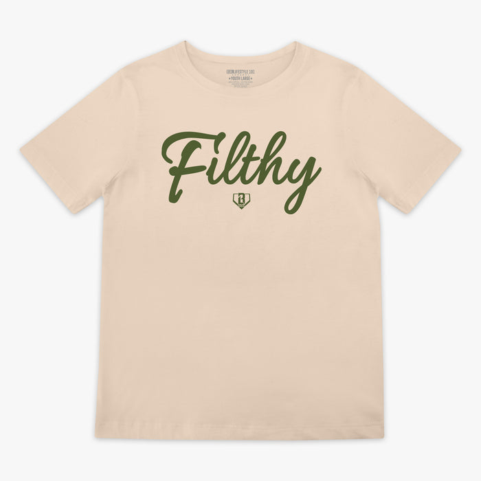 Youth Beige T-shirt with olive green ‘Filthy’ lettering and BL101 logo across chest.