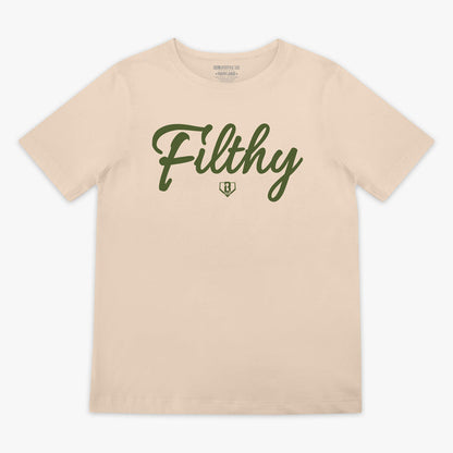 Youth Beige T-shirt with olive green ‘Filthy’ lettering and BL101 logo across chest.