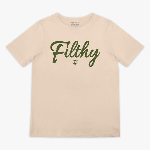 Youth Beige T-shirt with olive green ‘Filthy’ lettering and BL101 logo across chest.