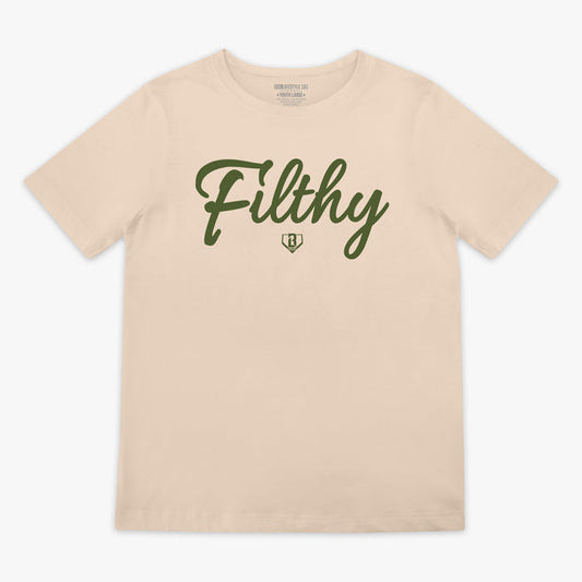 Youth Beige T-shirt with olive green ‘Filthy’ lettering and BL101 logo across chest.