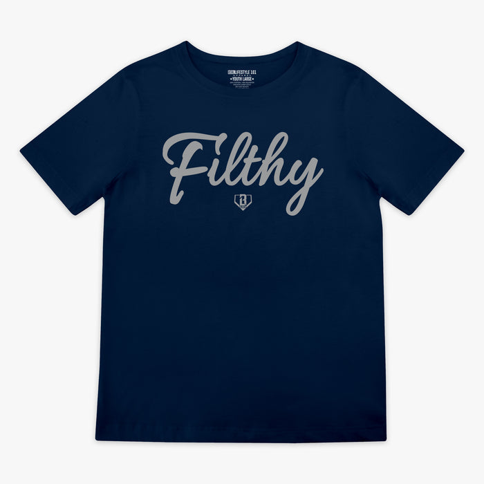 Navy blue t-shirt with 'Filthy' printed in grey