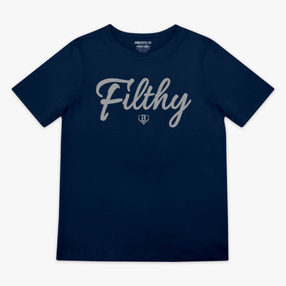 Navy blue t-shirt with 'Filthy' printed in grey