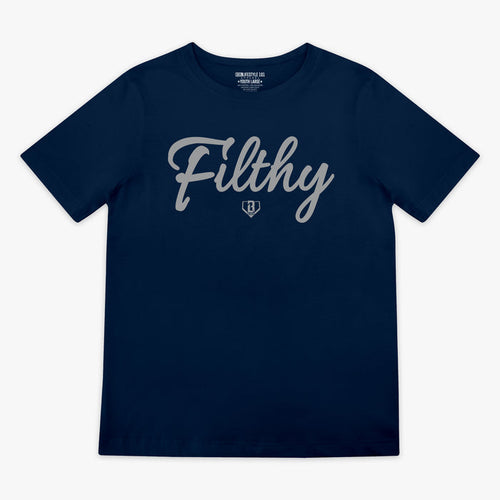 Navy blue t-shirt with 'Filthy' printed in grey