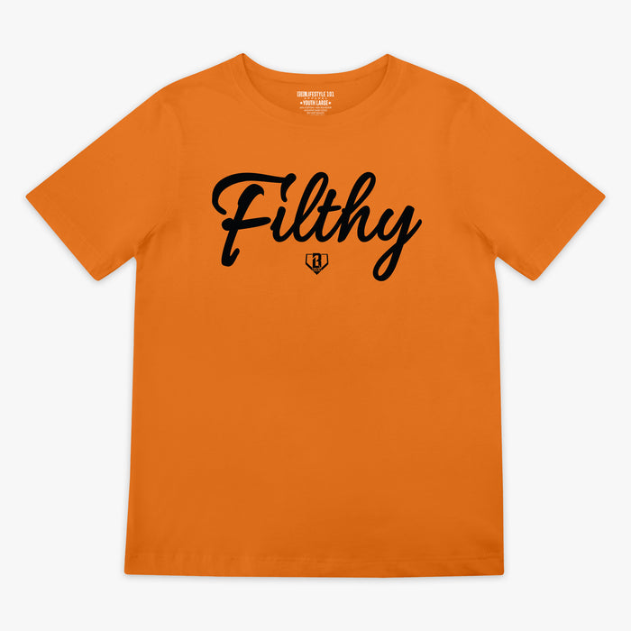 Orange t-shirt with 'Filthy' text on a white background