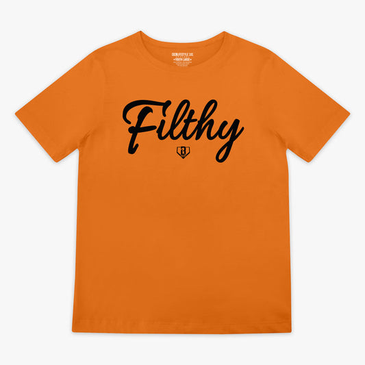 Orange t-shirt with 'Filthy' text on a white background