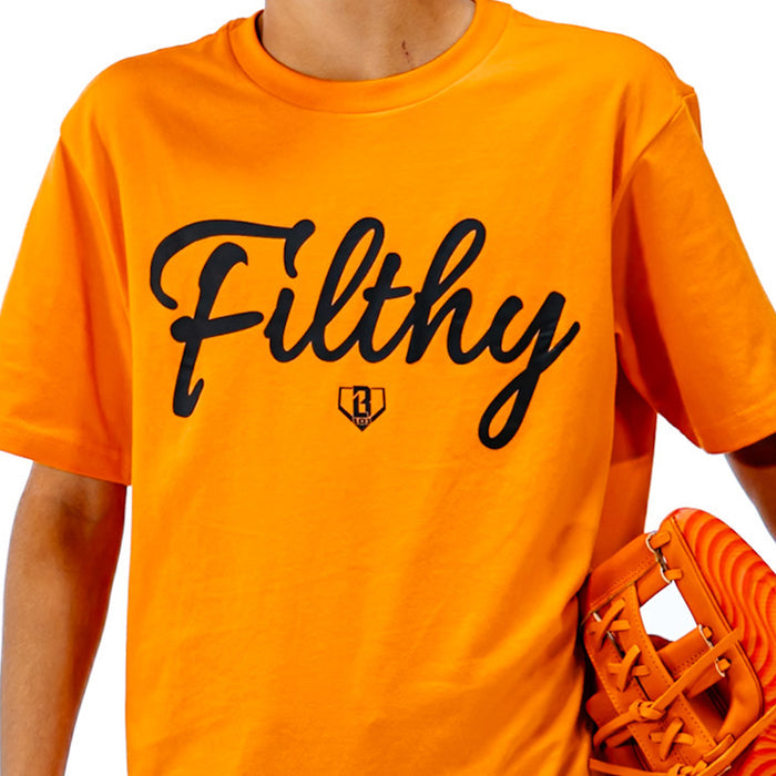 Orange t-shirt with 'Filthy' text and a logo, worn by a person holding an orange baseball glove.
