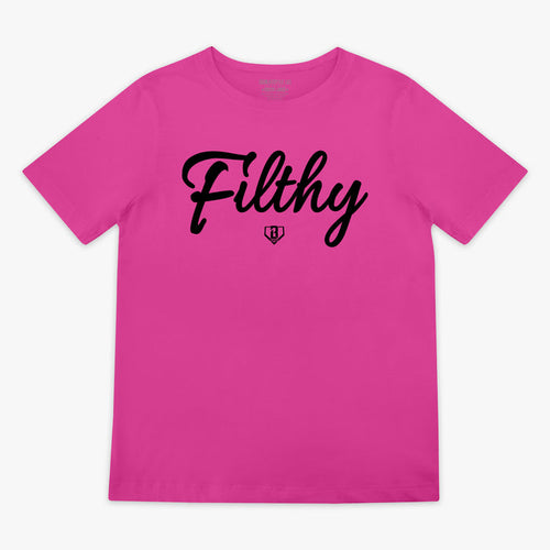 Pink t-shirt with black 'Filthy' text on chest on a white background