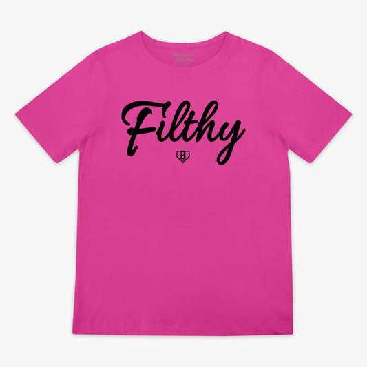 Pink t-shirt with black 'Filthy' text on chest on a white background