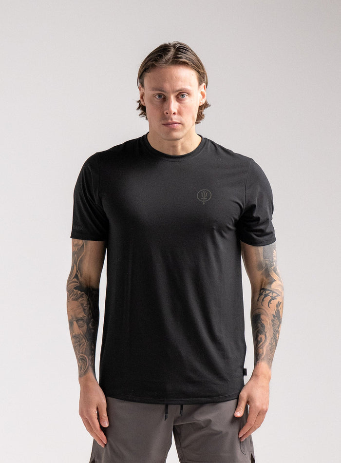 Angus Is 6ft 4" And Wears Size: L | Hem Studio Image Of Model Wearing Force Active Drirelease® Tshirt In Black (SS Model)