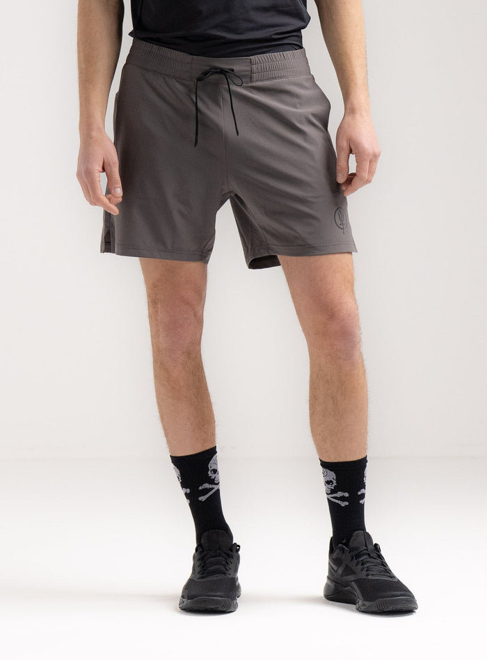 Rudie Is 6ft 2" And Wears Size: M | Hem Studio Image Of Model Wearing Force Velocity Motion Shorts In Raven Grey (SS Model)