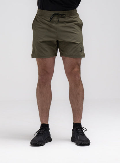 Jack Is 6ft 3" And Wears Size: L | Hem Studio Image Of Model Wearing Force Velocity Motion Shorts In Khaki (SS Model)