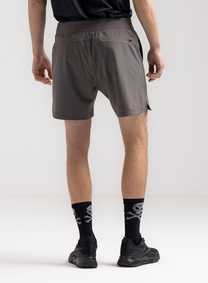 Rudie Is 6ft 2" And Wears Size: M | Hem Studio Image Of Model Wearing Force Velocity Motion Shorts In Raven Grey (SS Model)