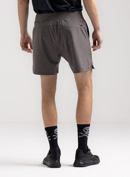 Rudie Is 6ft 2" And Wears Size: M | Hem Studio Image Of Model Wearing Force Velocity Motion Shorts In Raven Grey (SS Model)