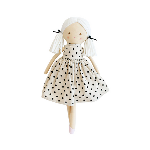 Polka-dot fabric doll with white headscarf, black bow accents, sleeveless dress