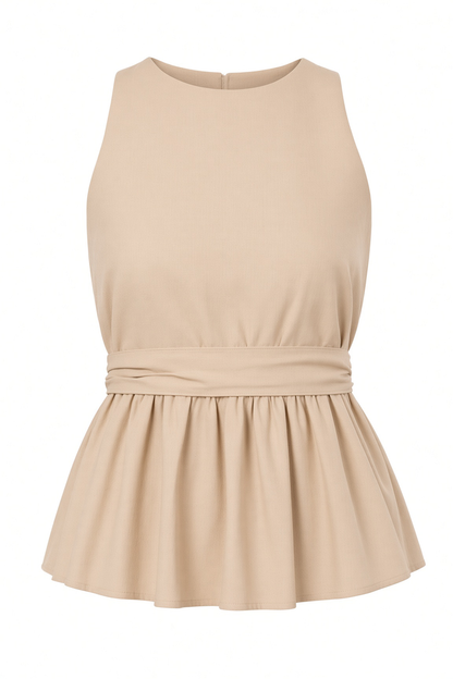 A sleeveless beige top with a gathered waist and flared peplum skirt, shown against a plain white background.