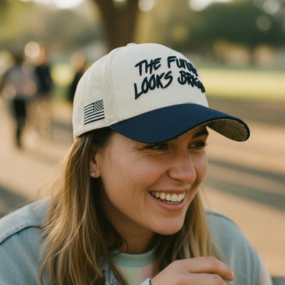 Future Looks Bright Dual Tone Beige and Navy Topo Print Snapback Hat