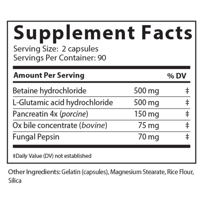 Gastrozyne is a digestive support product designed with powerful enzymes and hydrochloric acid to aid in the breakdown of proteins, carbohydrates, and fats. Gastrozyne supports healthy digestive processes and immune system function in both the stomach and small intestine.