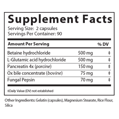 Gastrozyne is a digestive support product designed with powerful enzymes and hydrochloric acid to aid in the breakdown of proteins, carbohydrates, and fats. Gastrozyne supports healthy digestive processes and immune system function in both the stomach and small intestine.