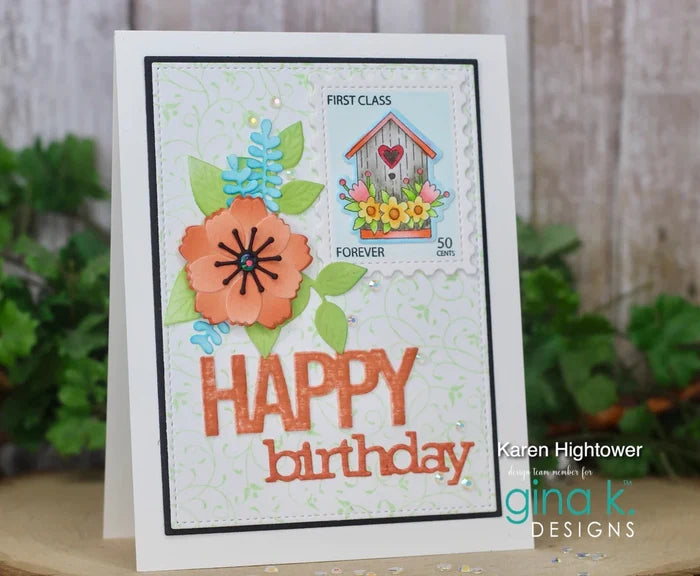 Gina K. Designs - Die - Graphic Happy Birthday. Gina K Designs wafer thin metal-etched dies are the highest quality available for your paper crafting projects. Available at Embellish Away located in Bowmanville Ontario Canada. Card example by Karen Hightower.