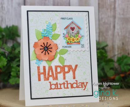 Gina K. Designs - Die - Graphic Happy Birthday. Gina K Designs wafer thin metal-etched dies are the highest quality available for your paper crafting projects. Available at Embellish Away located in Bowmanville Ontario Canada. Card example by Karen Hightower.