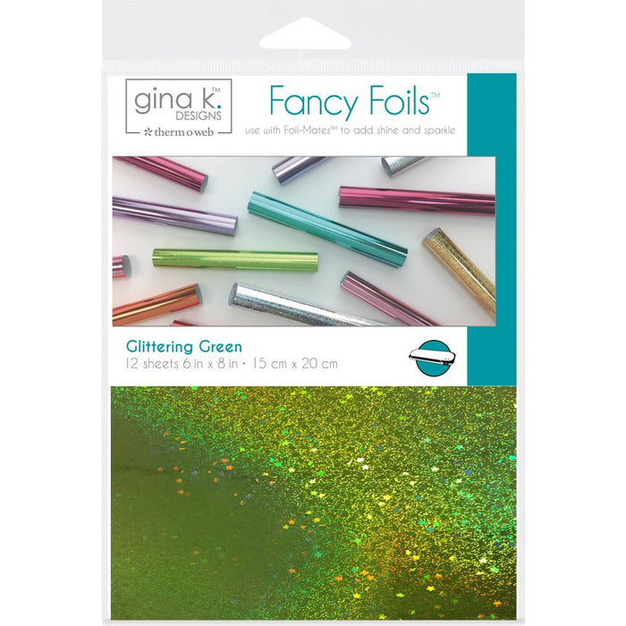 Gina K Designs - Fancy Foil 6"X8" - 12/Pkg - Glittering Green. Add sparkle and shine with Fancy Foils. They can be used as a toner-reactive foil or a textile foil. Available at Embellish Away located in Bowmanville Ontario Canada.