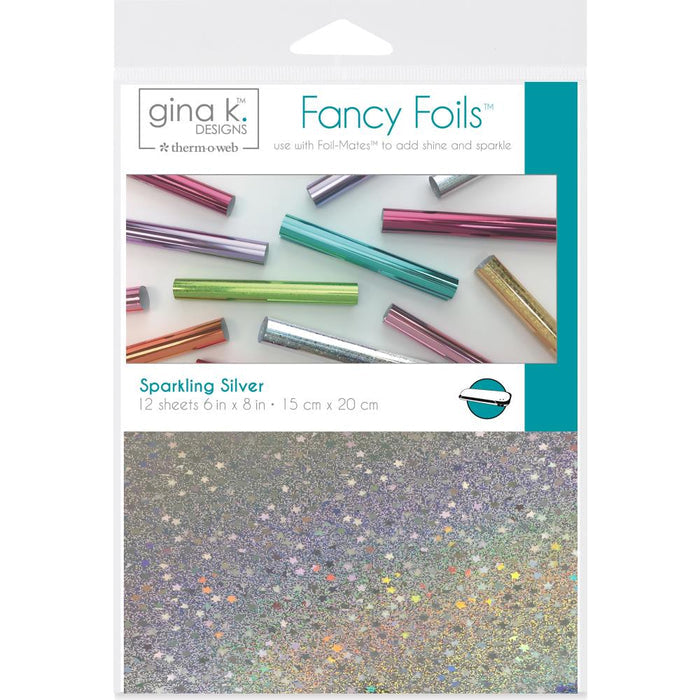 Gina K Designs - Fancy Foil 6"X8" - 12/Pkg - Sparkling Silver. Add vibrant color and brilliant shine to any project! Can be used as a toner-reactive foil or a textile foil. This package contains twelve 6x8 inch pieces of foil. Made in USA. Available at Embellish Away located in Bowmanville Ontario Canada.
