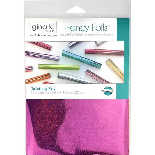 Gina K Designs - Fancy Foil 6"X8" - 12/Pkg - Twinkling Pink Holographic. Add vibrant color and brilliant shine to any project! Can be used as a toner-reactive foil or a textile foil. This package contains twelve 6x8 inch pieces of foil. Made in USA. Available at Embellish Away located in Bowmanville Ontario Canada.