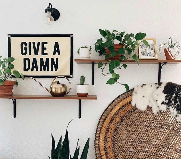Camp flag hanging on wall with “GIVE A DAMN” text and black border