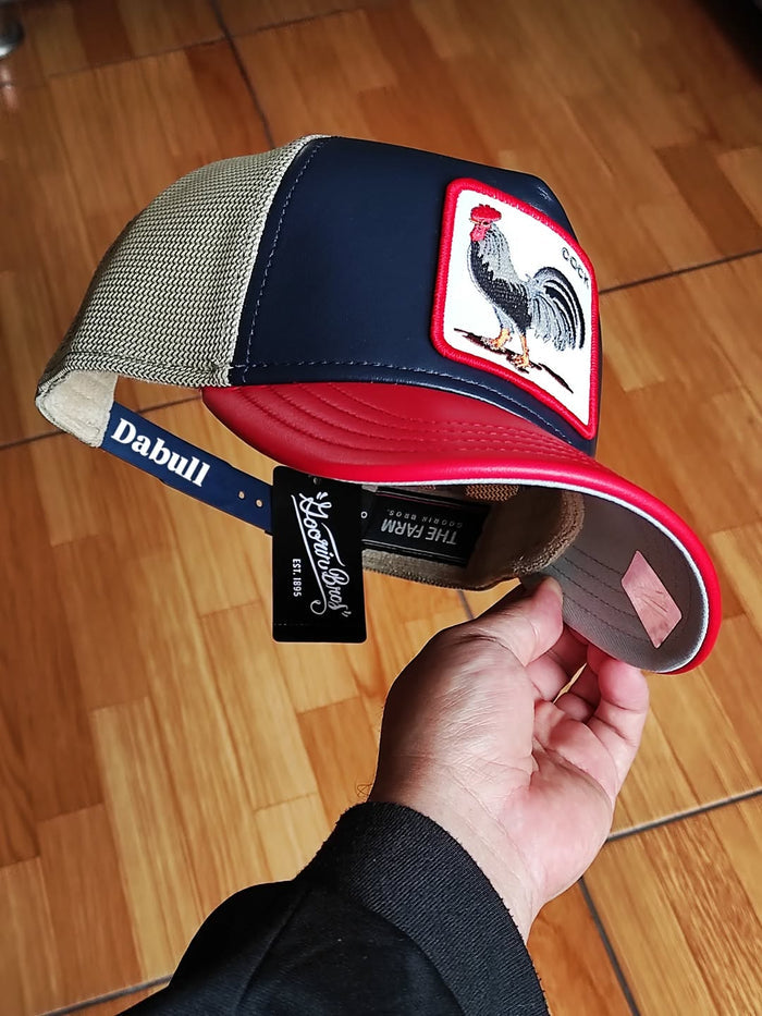 Gorra trucker azul marino y roja gallo Shleather Cock The Farm de Goorin Bros