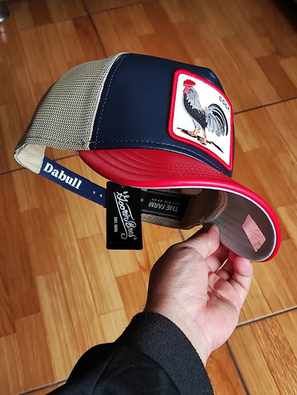 Gorra trucker azul marino y roja gallo Shleather Cock The Farm de Goorin Bros