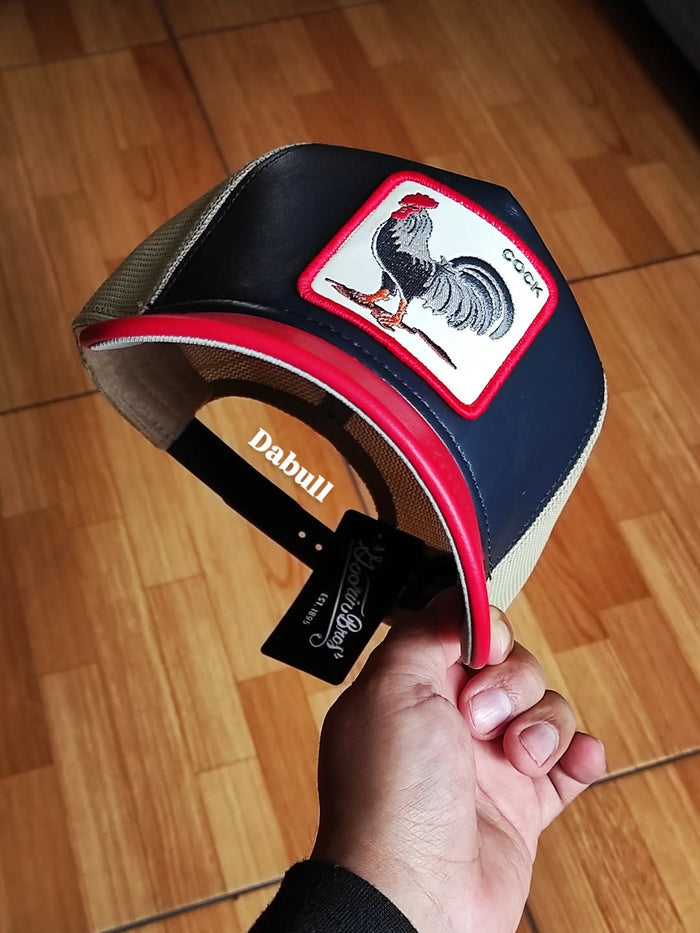 Gorra trucker azul marino y roja gallo Shleather Cock The Farm de Goorin Bros