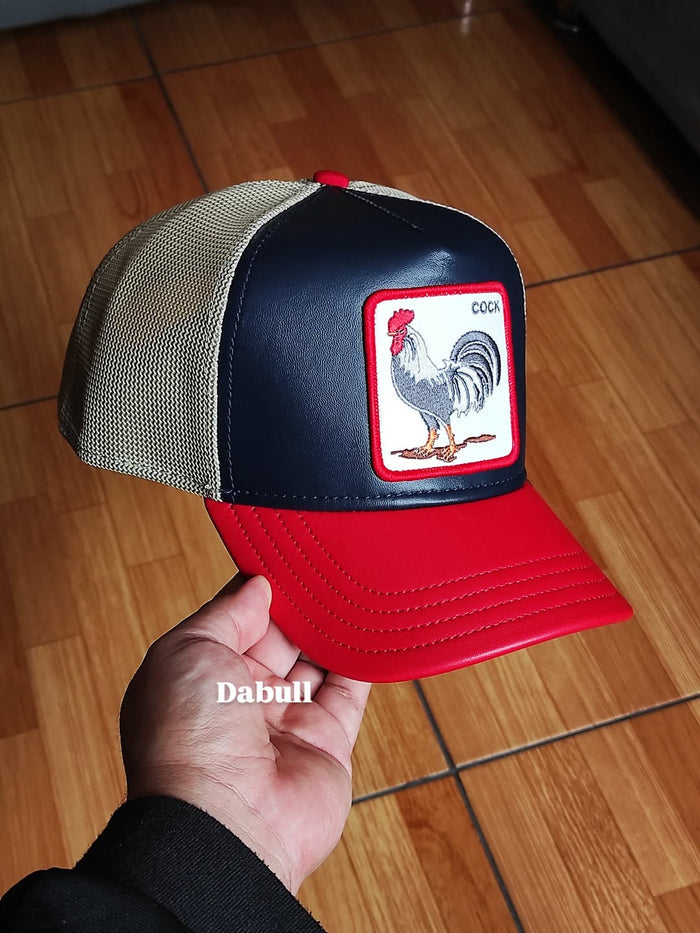 Gorra trucker azul marino y roja gallo Shleather Cock The Farm de Goorin Bros