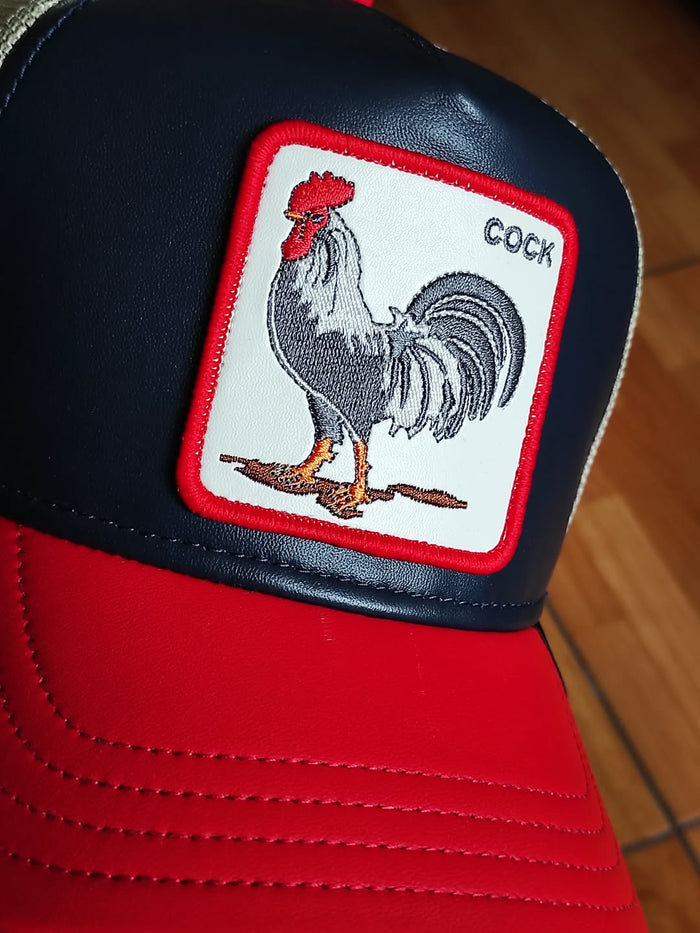 Gorra trucker azul marino y roja gallo Shleather Cock The Farm de Goorin Bros