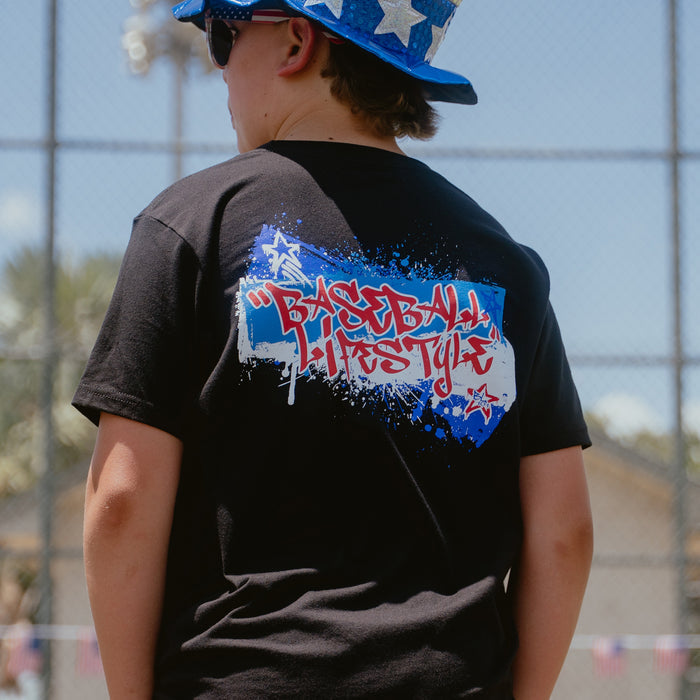 Adult model wearing black Graffiti Stars USA graphic tee