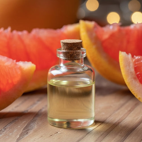 Bottle of grapefruit essential oil with sliced grapefruits on a wooden surface