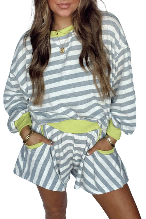 Gray Stripe Contrast Trim Long Sleeve Top and Shorts Set