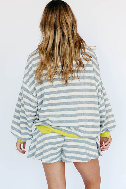 Gray Stripe Contrast Trim Long Sleeve Top and Shorts Set