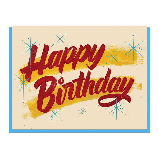 Happy Birthday greeting card with colorful lettering and starburst confetti accents