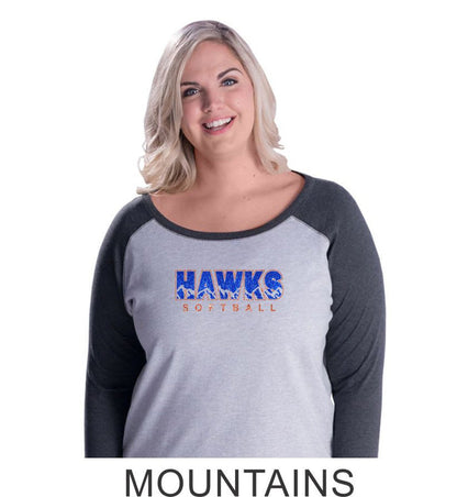Hawks Softball Curvy Lady Raglan- 3 designs-Matte or Glitter