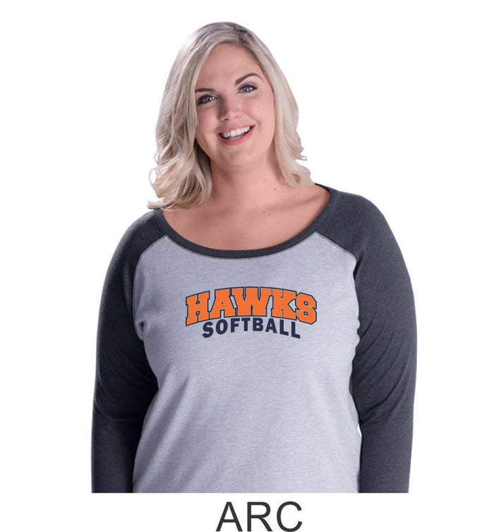 Hawks Softball Curvy Lady Raglan- 3 designs-Matte or Glitter
