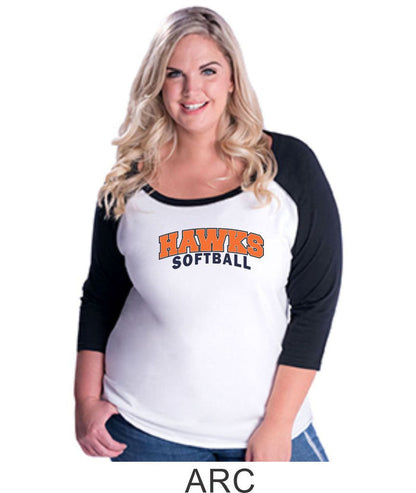Hawks Softball Curvy Lady Raglan- 3 designs-Matte or Glitter