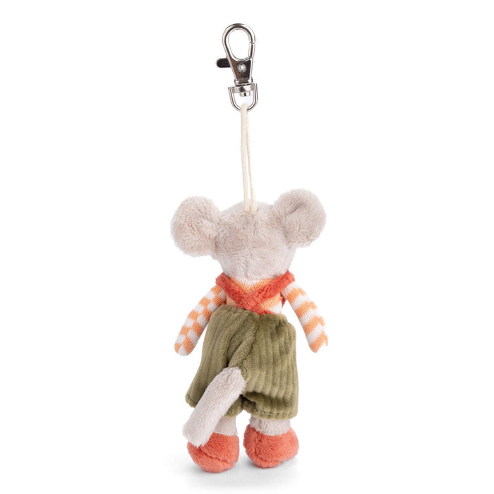Plush mouse bag charm with metal clasp, orange scarf, olive knit pants, orange feet