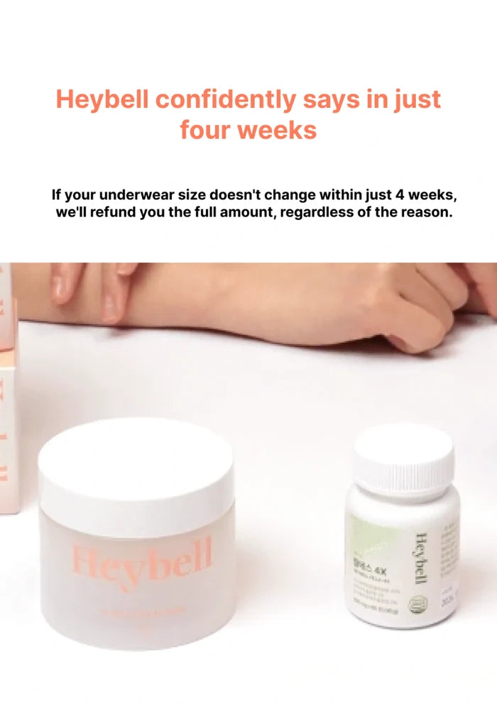 Heybell products with a promotional message about size change guarantee on a white background