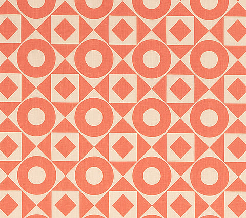 Home Couture Fabric: Circles & Squares One Color - Custom Tomato on Tan 100% Soft Washed Linen